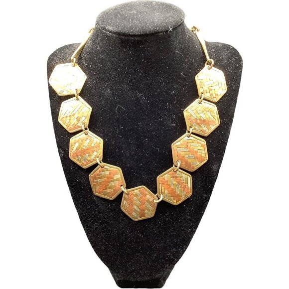 70’s Vintage Hexagon Mixed Metals Statement Necklace - Picture 1 of 4